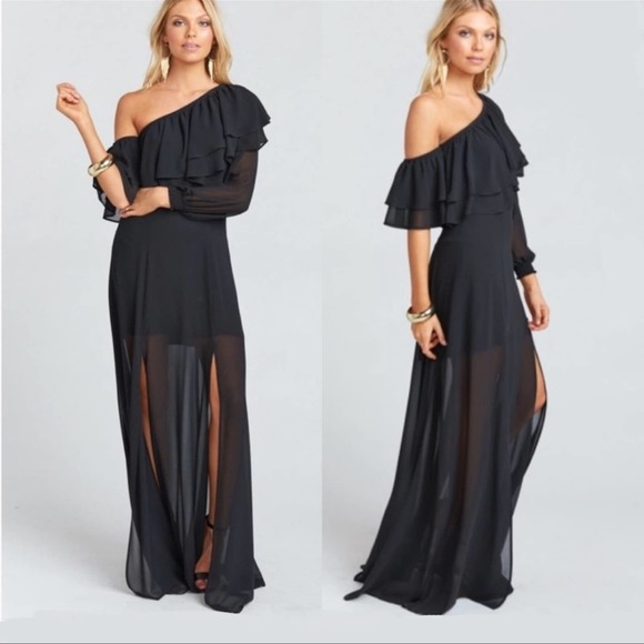 Show Me Your Mumu Emma Black Ruffled Asymmetric Off Shoulder Slit Maxi Dress NWT - Picture 1 of 7
